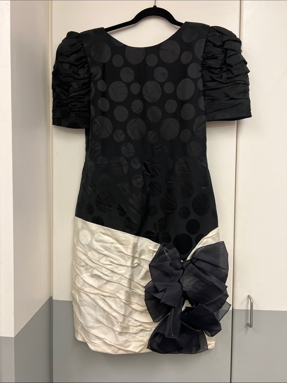 Vintage Lawrence 80s Black and Ivory Polka Dot Party Prom Dress with Bows